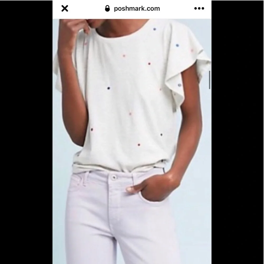 Anthropologie Flutter Sleeve Tee with multi colored embroidered Swiss Dots. - Picture 1 of 15